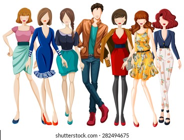 Many models wearing fashionable clothes