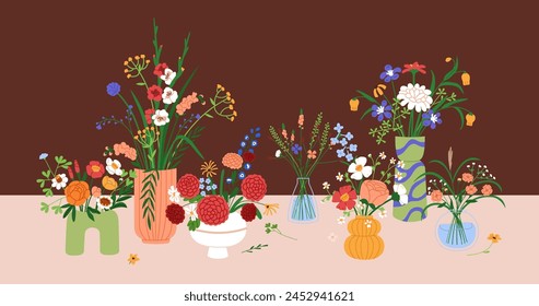 Many modern floral bouquets in vases. Beautiful blossomed flower bunches, arrangements on table. Various blooms, spring and summer gift. Gentle meadow, field and garden flora. Flat vector illustration