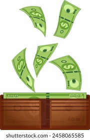 Many money bills falling down into wallet illustration