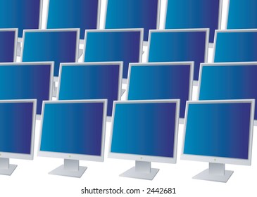 Many monitors all in a row with blue screena