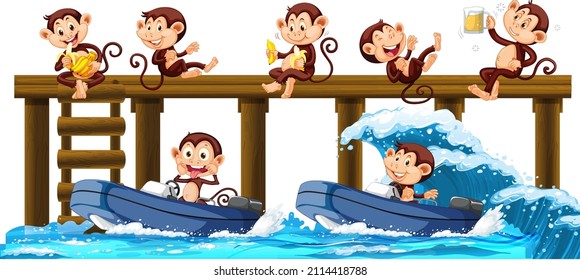 Many monkeys on surfboard with water waves illustration