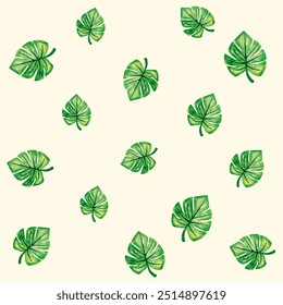 muitas folhas de monstera padrão aquarela. muitas folhas de monstera, grandes e pequenas, em um fundo amarelo
