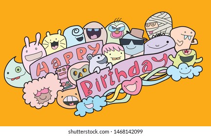 Many monsters, various colors, doodle Come to bless on the birthday Colorful, fun. It is an illustration, greeting card. And various things.