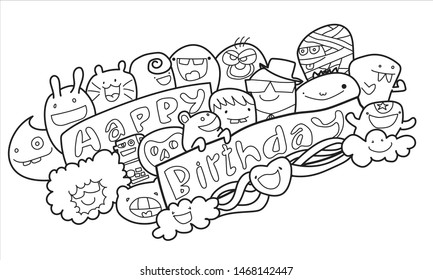 Many monsters, various colors, doodle Come to bless on the birthday Colorful, fun. It is an illustration, greeting card. And various things.