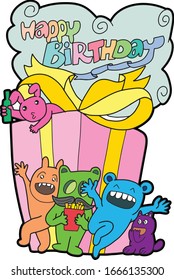 Many monsters, various colors, doodle Come to bless on the birthday Colorful, fun. It is an illustration, greeting card. And various things.