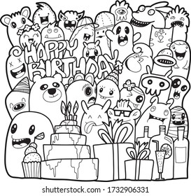 Muchos monstruos, varios colores, doodle Ven a la bendición en el cumpleaños Colorido, divertido. Es una ilustración, tarjeta de saludo. Y varias cosas.