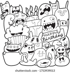 Many monsters, various colors, doodle Come to bless on the birthday Colorful, fun. It is an illustration, greeting card. And various things.