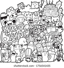 Many monsters, various colors, doodle Come to bless on the birthday Colorful, fun. It is an illustration, greeting card. And various things.