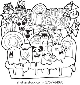 Many monsters, various colors, doodle Come to bless on the birthday Colorful, fun. It is an illustration, greeting card. And various things.