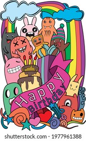 Many monsters, various colors, doodle Come to bless on the birthday Colorful, fun. It is an illustration, greeting card. And various things.