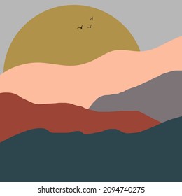 Many mountains with big sun and little birds