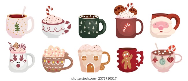 Many mugs of delicious hot chocolate on white background