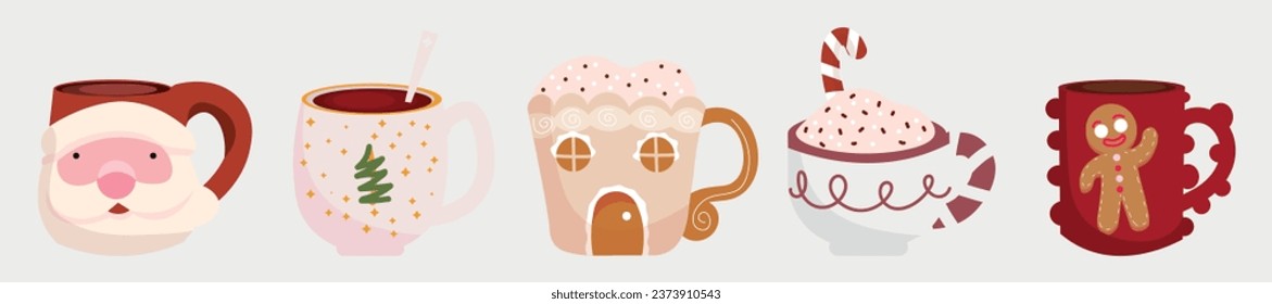 Many mugs of tasty hot chocolate on white background