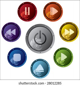 Many multicolored buttons on a white background in a circle