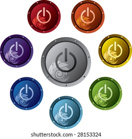 Many multicolored buttons on a white background in a circle