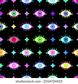 Many multi-colored eyes on a black background. Seamless vector pattern