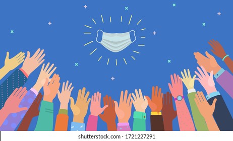 Many multicolored multinational hands are rising up to the medical facial mask, flat design modern illustration of epidemic theme