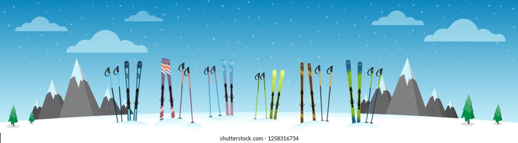 Many Multi-colored Skis On The Background Of Winter Mountains. Panorama. Vector Illustration