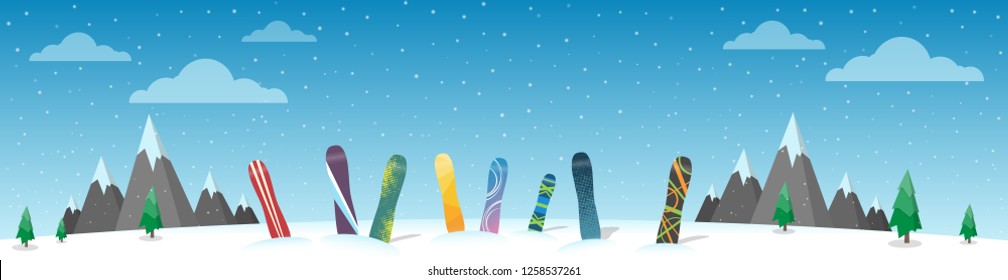 Many multicolored snowboards on the background of winter mountains. Panorama. Vector illustration