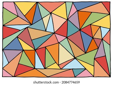 Many multi-colored triangles form a background, pattern, texture similar to stained glass. Doodle. Hand Drawn.