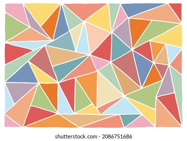 Many multi-colored triangles form a background, pattern, texture similar to stained glass. Doodle. Hand Drawn.