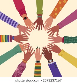Many multiracial hands on top of each other in a circle. Diverse people and cultures, tolerance, racial equality. Hand drawn vector vector illustration isolated on light background, flat cartoon style