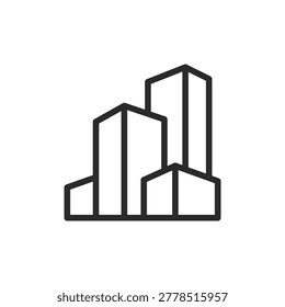 Many multi-story buildings, linear style icon. Urban development. Editable stroke width