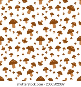 Many mushroom drawings, seamless pattern, white background.