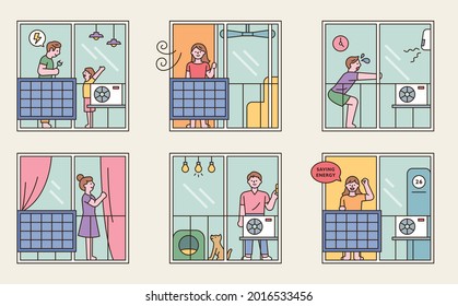 Many neighbors in the apartment. Solar panels are installed to save electricity. outline simple vector illustration.