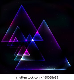 Many neon glowing triangle soap in retro style on background of fractal space decreases.