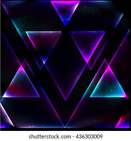 Many neon glowing triangles in retro style on background of fractal space decreases.