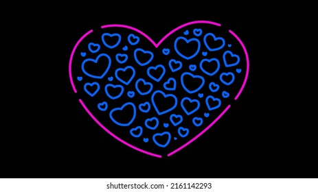Many neon hearts inside a big heart illustration on a black background. Outline romantic scene a lot of love.