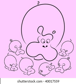 Many nice hippopotamus. Vector illustration