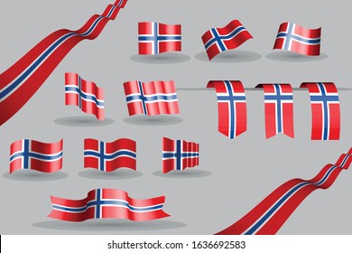 Many Norway flags, waving banners and bookmarks in the colors of the flag red, blue, white - vector illustration for anthem, flag day or any national celebration