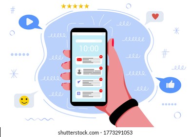 Many notifications in the mobile phone Online distractions chaos messages Notifications Digital technology and communication vector illustration concept