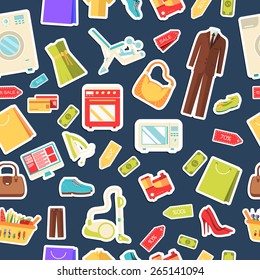 Many object purchased in the shop. Shopping abstract seamless pattern concept. In flat  sticker style icons with shop label design illustration. 