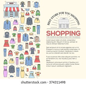 Many object purchased in the shop. Shopping circle abstract background concept. In flat thin lines outline style icons with shop label design illustration.