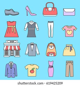 Many object purchased in the shop. Shopping circle abstract background concept. In flat thin lines outline style icons with shop label design illustration.