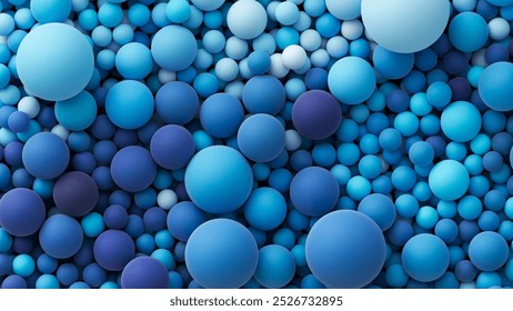 Many ocean blue bright color random soft balls background. Colorful balloons wall decoration of a children's festival. Huge pile of blue smooth gradient balls in various sizes. Vector background