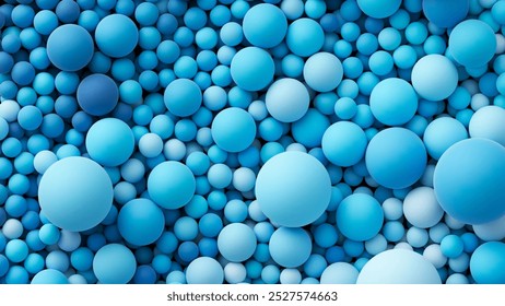 Muchos colores azules brillantes del océano al azar de fondo de bolas suaves. Decoración de pared de globos coloridos de un festival de los niños. Enorme pila de bolas de gradiente lisas azules en varios tamaños. Vector de fondo