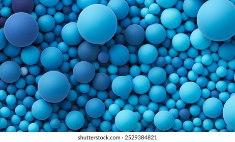 Many ocean blue bright color random soft balls background. Colorful balloons wall decoration of a children's festival. Huge pile of blue smooth gradient balls in various sizes. Vector background