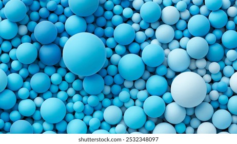 Many ocean blue bright color random soft balls background. Colorful balloons wall decoration of a children's festival. Huge pile of blue smooth gradient balls in various sizes. Vector background