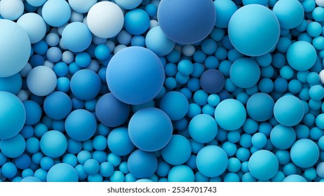 Many ocean blue bright color random soft balls background. Colorful balloons wall decoration of a children's festival. Huge pile of blue smooth gradient balls in various sizes. Vector background