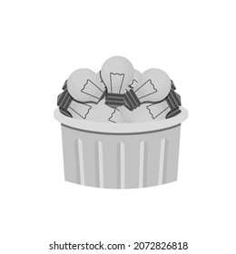 Many off, burned out light bulbs lie in the trash can. Throw away the lamp. Vector illustration, flat cartoon minimal design isolated on white background, eps 10.