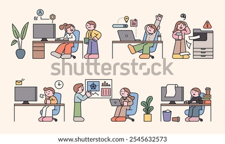 Many office workers working in the office. Cuttiny character with outline.