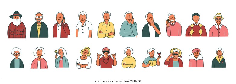 Many old people faces in outline style. flat design style minimal vector illustration.