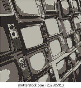 Many old televisions put on each other. Black and white vector background