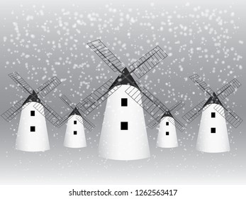 Many old traditional windmill homes vector in snow weather of winter season to mill grain illustration