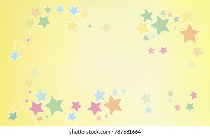 Many Orange, Blue, Red, Yellow and Pink Stars of Different Color Tone and Size on Light Yellow Background