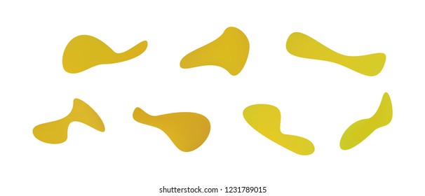 Many orange and green gradient abstract shapes. Set of stylish fluid forms in the form of drops. Vector illustration isolated on white background. 
